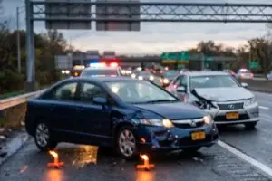 Two damaged cars pulled over on the shoulder of a New York highway after a car accident, with emergency flares set up